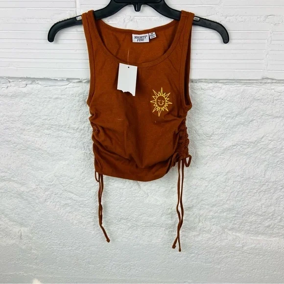 NWT MIGHTY FINE brown embroidered sun scrunched side stretch top size small - Picture 1 of 11